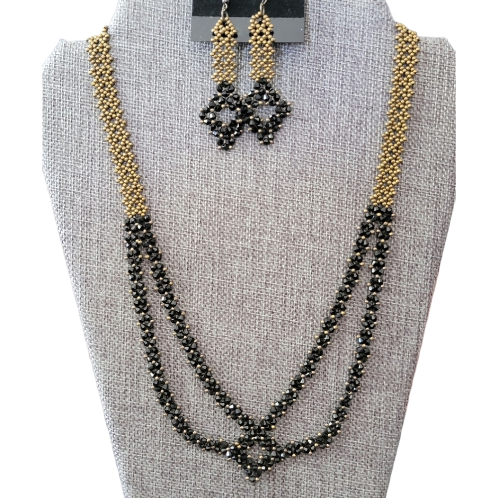 Artisan Made Swarovski  Gold & Black Beaded Necklace & Earring Set Handcrafted